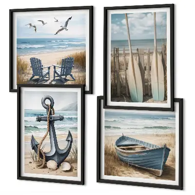 Polyptychon mit Rahmen Anker, Boot, Ruder und Strand Motiv