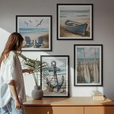 Polyptychon mit Rahmen Anker, Boot, Ruder und Strand Motiv