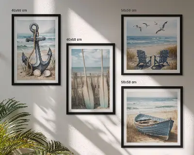 Polyptychon mit Rahmen Anker, Boot, Ruder und Strand Motiv