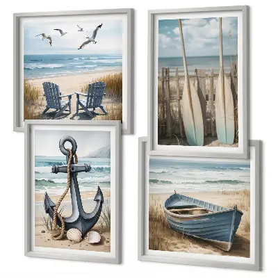 Polyptychon mit Rahmen Anker, Boot, Ruder und Strand Motiv