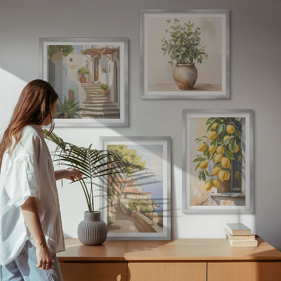 Polyptychon mit rahmen Blumen in einer Vase, ein Meer aus Zitronen