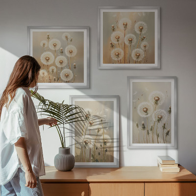 Polyptychon mit rahmen Weiße Löwenzahnblüten auf hellem Hintergrund