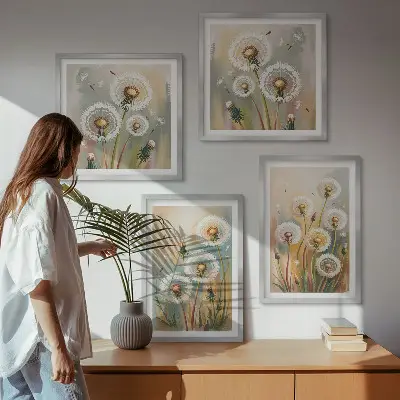 Löwenzahnblüten mit pastellfarbenen Gräsern als gerahmtes Polyptychon