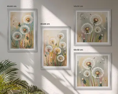 Löwenzahnblüten mit pastellfarbenen Gräsern als gerahmtes Polyptychon