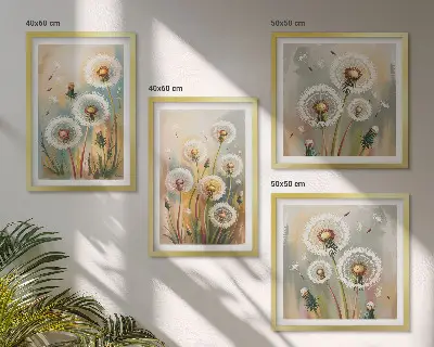 Löwenzahnblüten mit pastellfarbenen Gräsern als gerahmtes Polyptychon