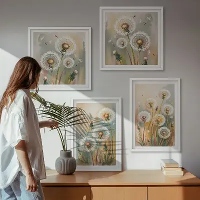 Löwenzahnblüten mit pastellfarbenen Gräsern als gerahmtes Polyptychon