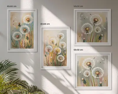 Löwenzahnblüten mit pastellfarbenen Gräsern als gerahmtes Polyptychon