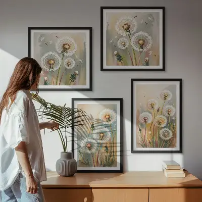 Löwenzahnblüten mit pastellfarbenen Gräsern als gerahmtes Polyptychon