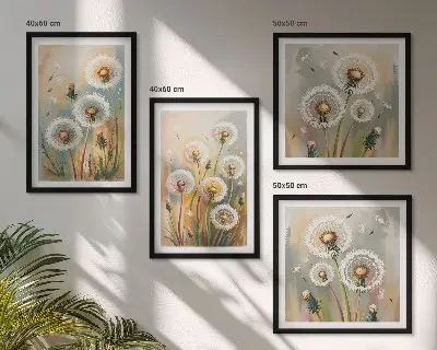 Löwenzahnblüten mit pastellfarbenen Gräsern als gerahmtes Polyptychon
