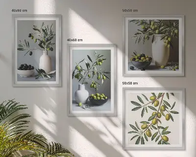 Wanddeko-Set mit Oliven in Vasen in gedeckten Farben