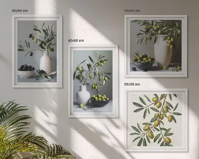 Wanddeko-Set mit Oliven in Vasen in gedeckten Farben