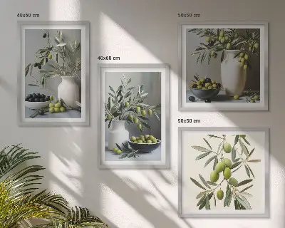 Oliven in grauen Vasen als gerahmtes Polyptychon