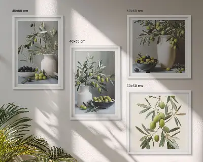 Oliven in grauen Vasen als gerahmtes Polyptychon