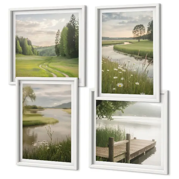Sommerlandschaften Flusswiese Wandbild als gerahmtes Polyptychon