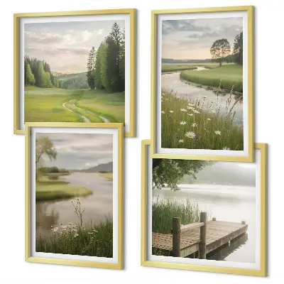 Sommerlandschaften Flusswiese Wandbild als gerahmtes Polyptychon