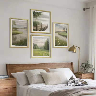 Sommerlandschaften Flusswiese Wandbild als gerahmtes Polyptychon