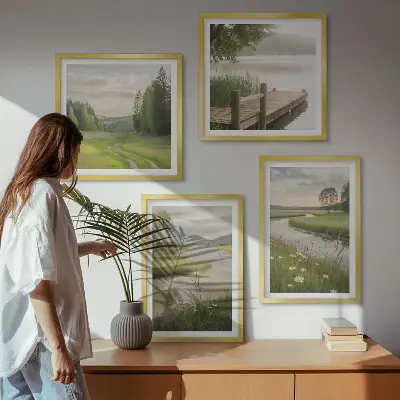 Sommerlandschaften Flusswiese Wandbild als gerahmtes Polyptychon