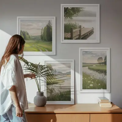 Sommerlandschaften Flusswiese Wandbild als gerahmtes Polyptychon