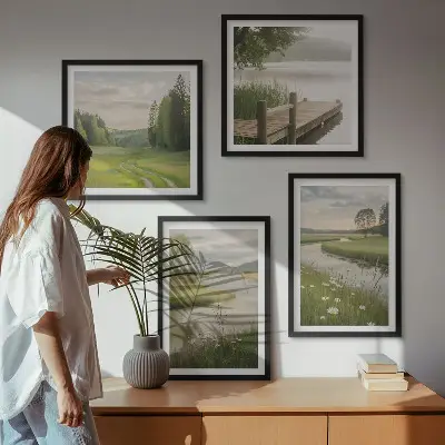 Sommerlandschaften Flusswiese Wandbild als gerahmtes Polyptychon