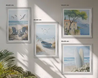 Strandbretter, Surfboote und Vögel dekoratives Polyptychon mit Rahmen