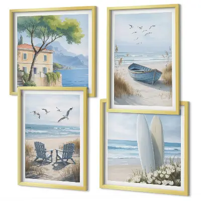 Strandbretter, Surfboote und Vögel dekoratives Polyptychon mit Rahmen