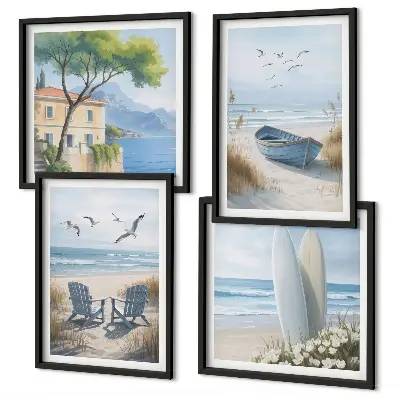 Strandbretter, Surfboote und Vögel dekoratives Polyptychon mit Rahmen