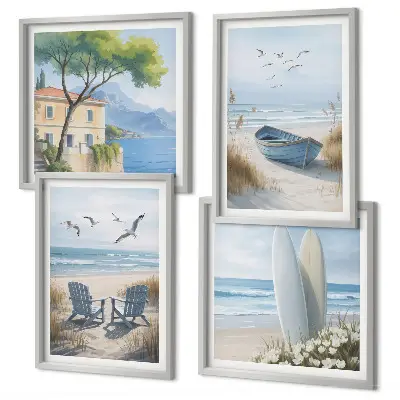 Strandbretter, Surfboote und Vögel dekoratives Polyptychon mit Rahmen