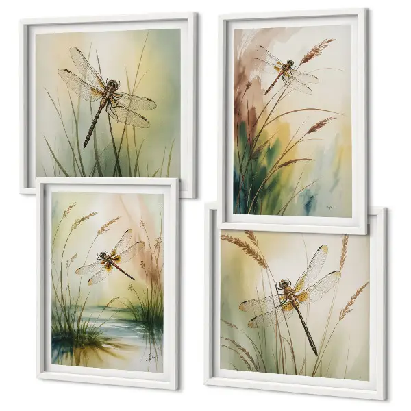Libellen im Gras Aquarellbild als gerahmtes Polyptychon