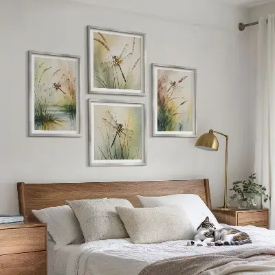Libellen im Gras Aquarellbild als gerahmtes Polyptychon