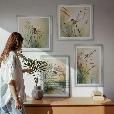 Libellen im Gras Aquarellbild als gerahmtes Polyptychon