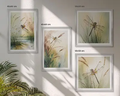 Libellen im Gras Aquarellbild als gerahmtes Polyptychon
