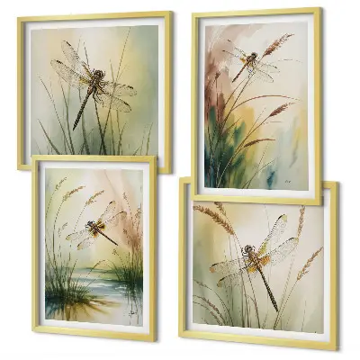 Libellen im Gras Aquarellbild als gerahmtes Polyptychon
