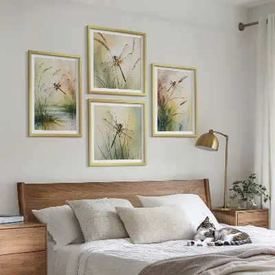 Libellen im Gras Aquarellbild als gerahmtes Polyptychon