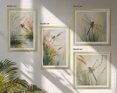 Libellen im Gras Aquarellbild als gerahmtes Polyptychon