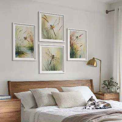 Libellen im Gras Aquarellbild als gerahmtes Polyptychon