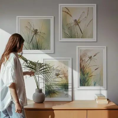 Libellen im Gras Aquarellbild als gerahmtes Polyptychon