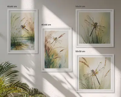 Libellen im Gras Aquarellbild als gerahmtes Polyptychon