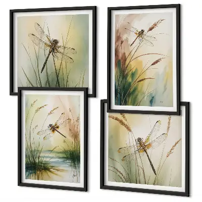 Libellen im Gras Aquarellbild als gerahmtes Polyptychon