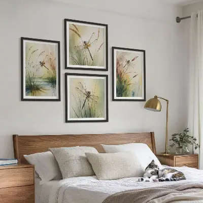 Libellen im Gras Aquarellbild als gerahmtes Polyptychon