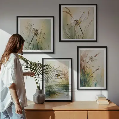 Libellen im Gras Aquarellbild als gerahmtes Polyptychon