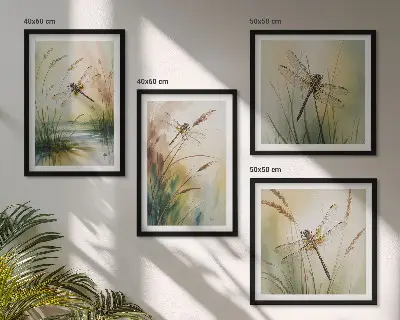 Libellen im Gras Aquarellbild als gerahmtes Polyptychon