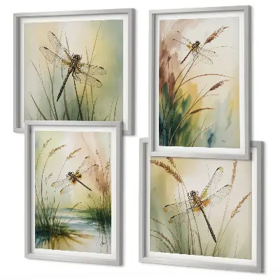 Libellen im Gras Aquarellbild als gerahmtes Polyptychon