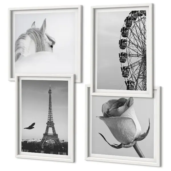 Wanddeko-Set mit Motiven von Rose, Eiffelturm, Pferd und Riesenrad in Schwarz-Weiß