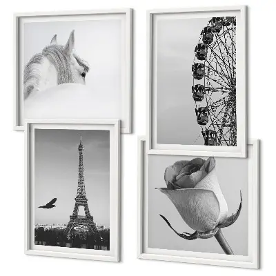 Wanddeko-Set mit Motiven von Rose, Eiffelturm, Pferd und Riesenrad in Schwarz-Weiß