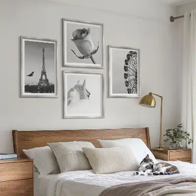 Wanddeko-Set mit Motiven von Rose, Eiffelturm, Pferd und Riesenrad in Schwarz-Weiß