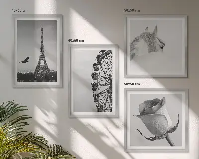 Wanddeko-Set mit Motiven von Rose, Eiffelturm, Pferd und Riesenrad in Schwarz-Weiß