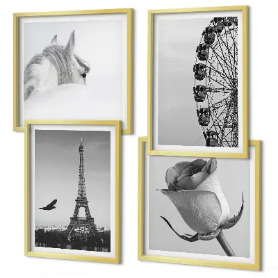 Wanddeko-Set mit Motiven von Rose, Eiffelturm, Pferd und Riesenrad in Schwarz-Weiß