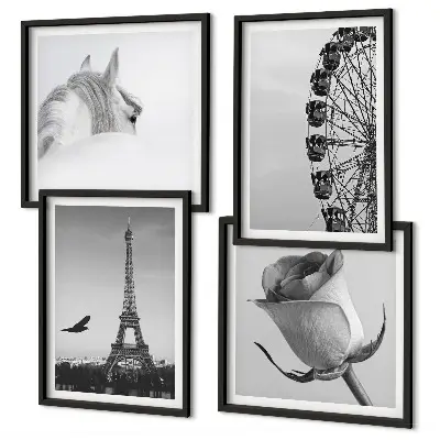 Wanddeko-Set mit Motiven von Rose, Eiffelturm, Pferd und Riesenrad in Schwarz-Weiß