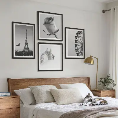 Wanddeko-Set mit Motiven von Rose, Eiffelturm, Pferd und Riesenrad in Schwarz-Weiß