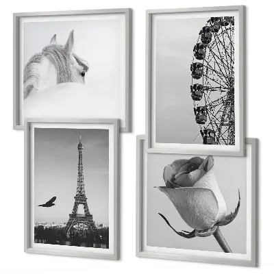 Wanddeko-Set mit Motiven von Rose, Eiffelturm, Pferd und Riesenrad in Schwarz-Weiß